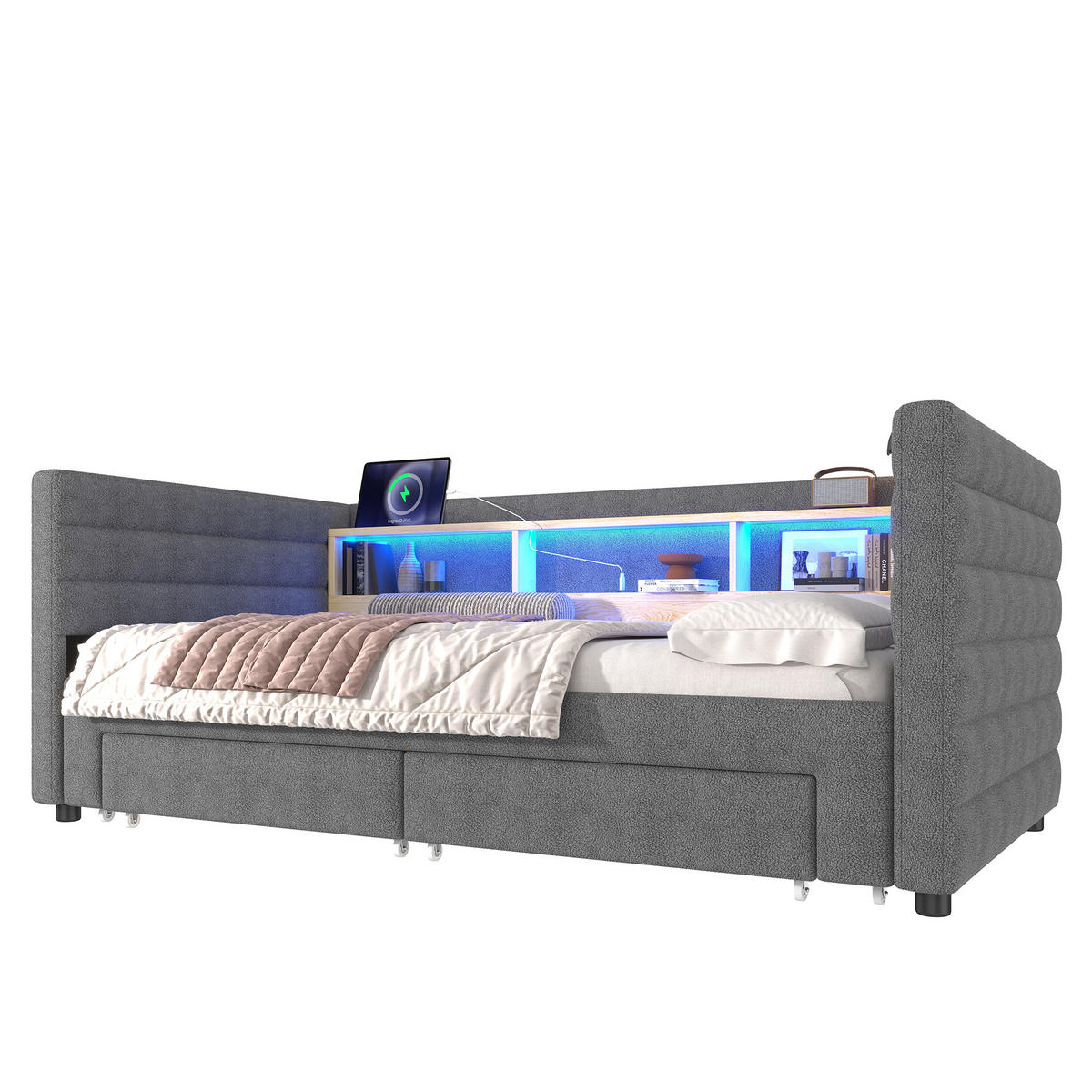 POLSTERBETT 90/190 cm mit Ausziehfunktion, LED-Beleuchtung, USB-C/USB und Stauraum aus Samt, Grau - Grau, Textil (90/190cm) - Redom