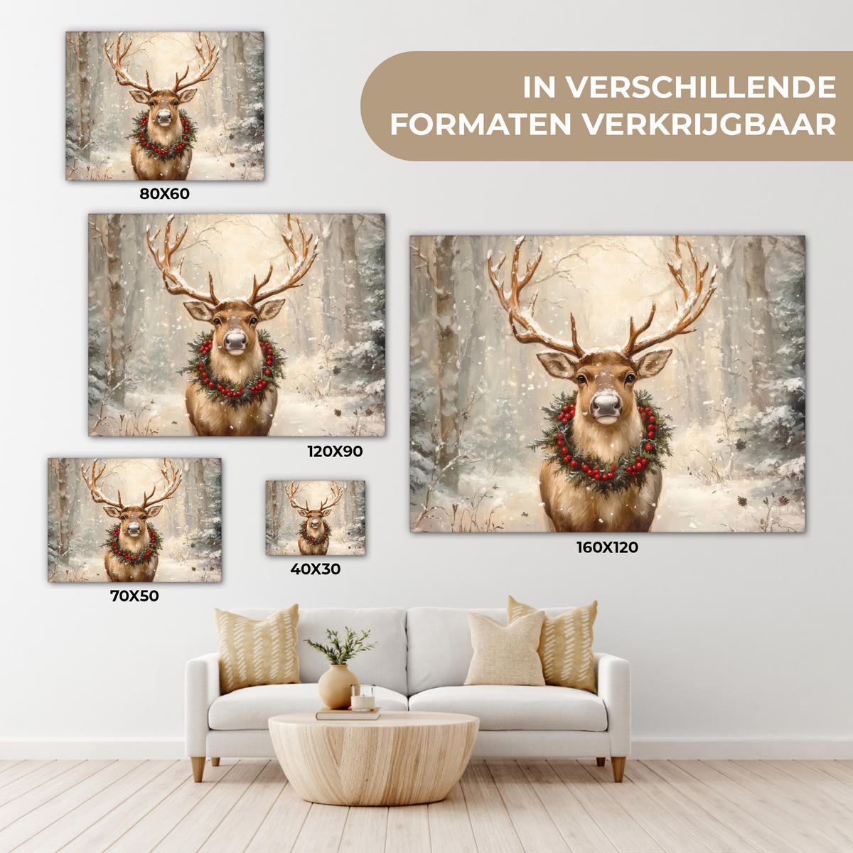LEINWANDBILD Weihnachten - Rentier - Winter - Kranz Wandbilder 80x60 cm - Braun, Textil (80/60cm) - MuchoWow
