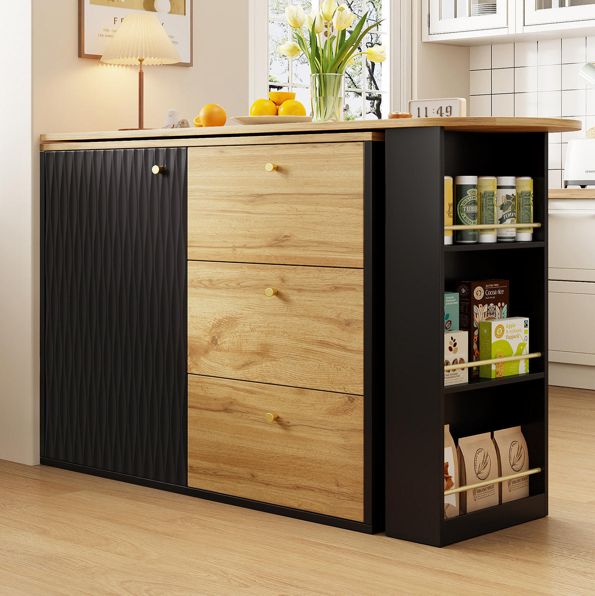 BAROVÝ stůl z MDF 138-204x39x104 cm černý otočný o 360° a výsuvný s úložným prostorem a 3 zásuvkami - černá, kompozitní dřevo (204/104/39cm) - Modfu