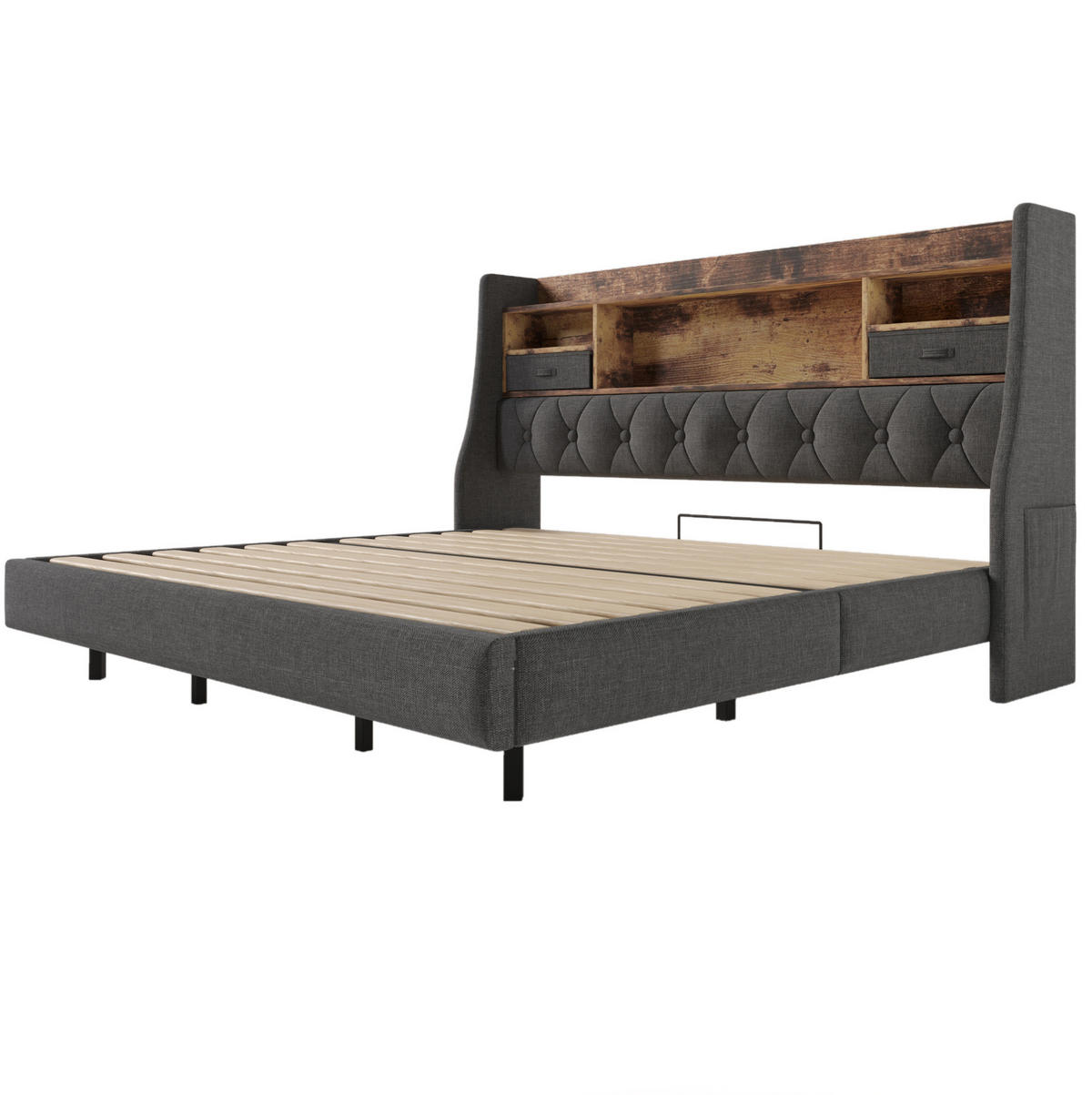 POLSTERBETT aus Leinen 180x200 cm Grau mit LED-Beleuchtung, USB- und Type-C-Anschlüssen - Grau, Textil (180/200cm) - IVMEU