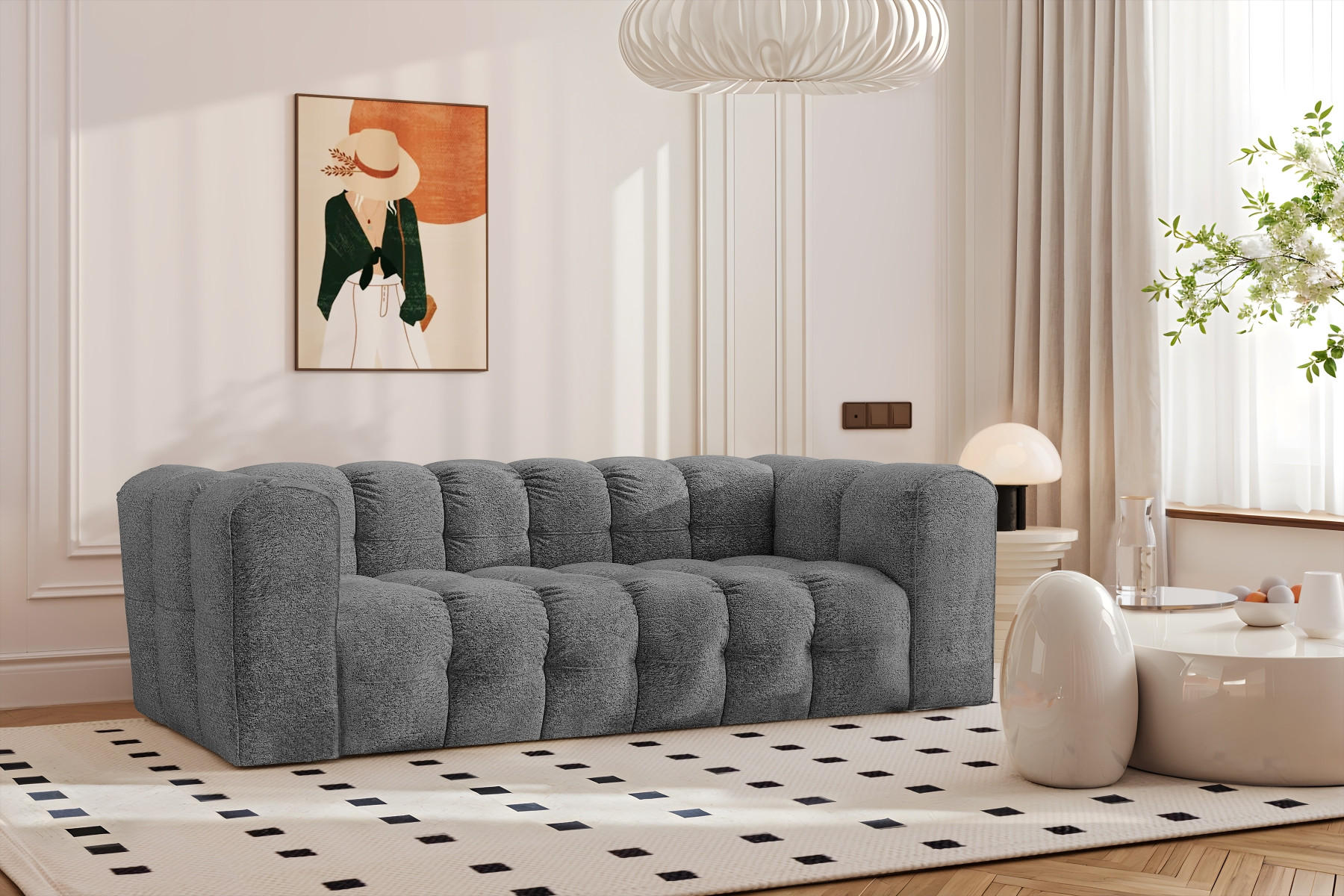 SOFA 3-Sitzer, Komfort, BALOO, Stoff Schenille & Bouclé, Anthrazit - Anthrazit, Holz (222/75/106cm) - Kaiser Möbel