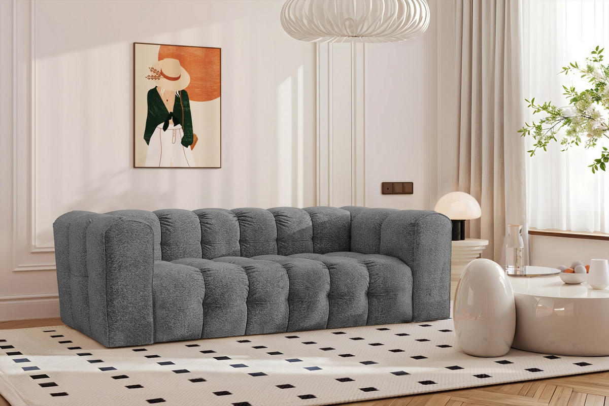 SOFA 3-Sitzer, Komfort, BALOO, Stoff Schenille & Bouclé, Anthrazit - Anthrazit, Holz (222/75/106cm) - Kaiser Möbel