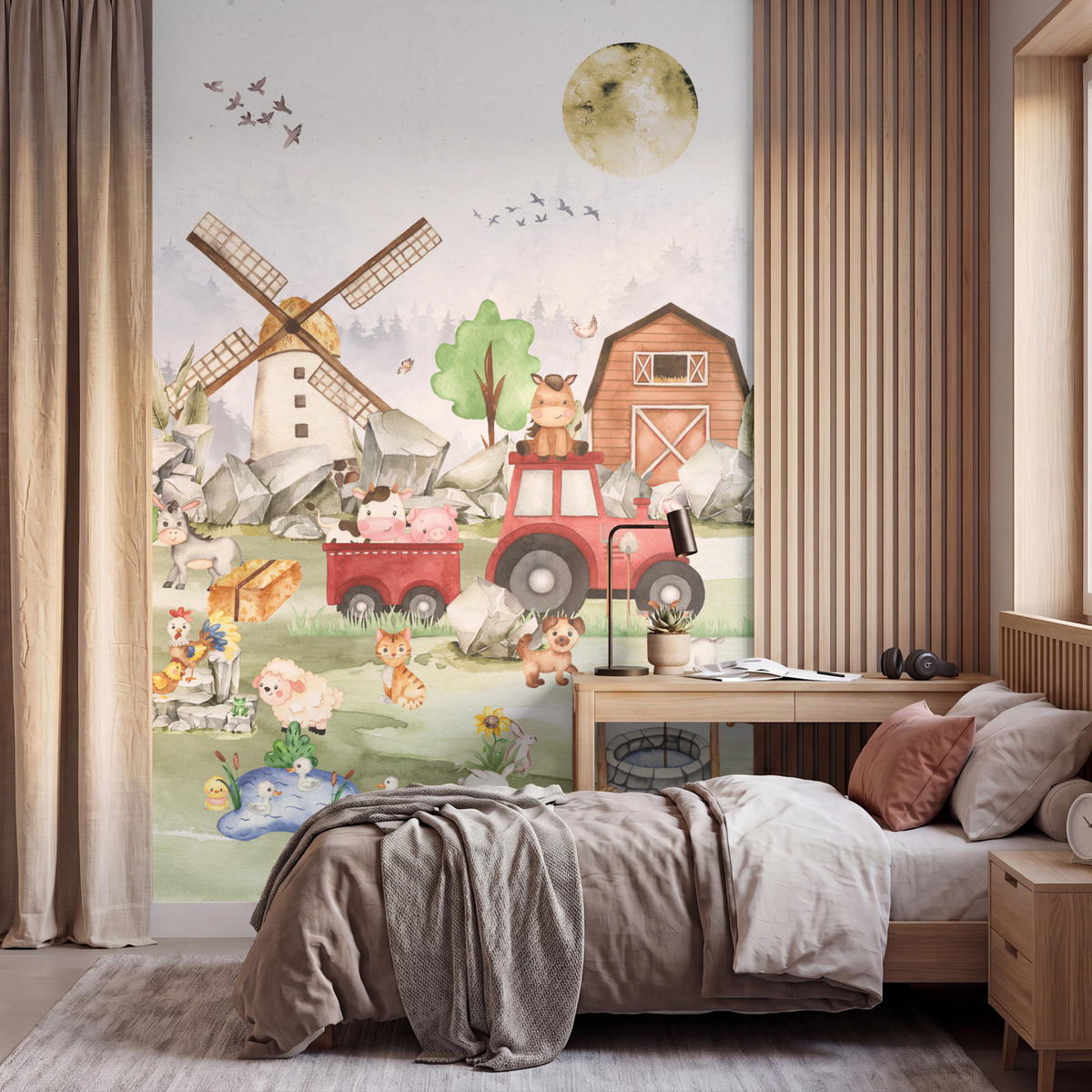 KINDERTAPETE - Bauernhof - Traktor - Kinder - Tiere - 200x300 cm - Weiß, Papier (200/300cm) - OnlyWow