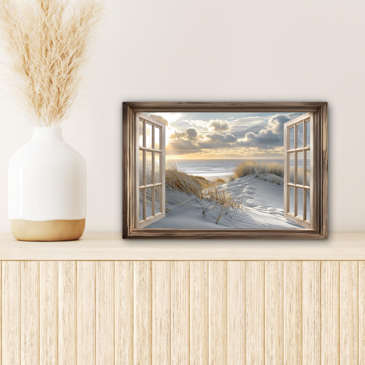 LEINWANDBILD Ausblick - Strand - Dünen - Meer - Natur Deko Schlafzimmer 30x20 cm - Sandfarben, Textil (30/20cm) - MuchoWow