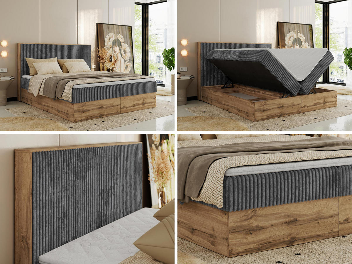 BOXBETT WOOD CLASSIC 140/200 - Grau Cord - H3 - Grau, Textil (140/200cm) - MKS