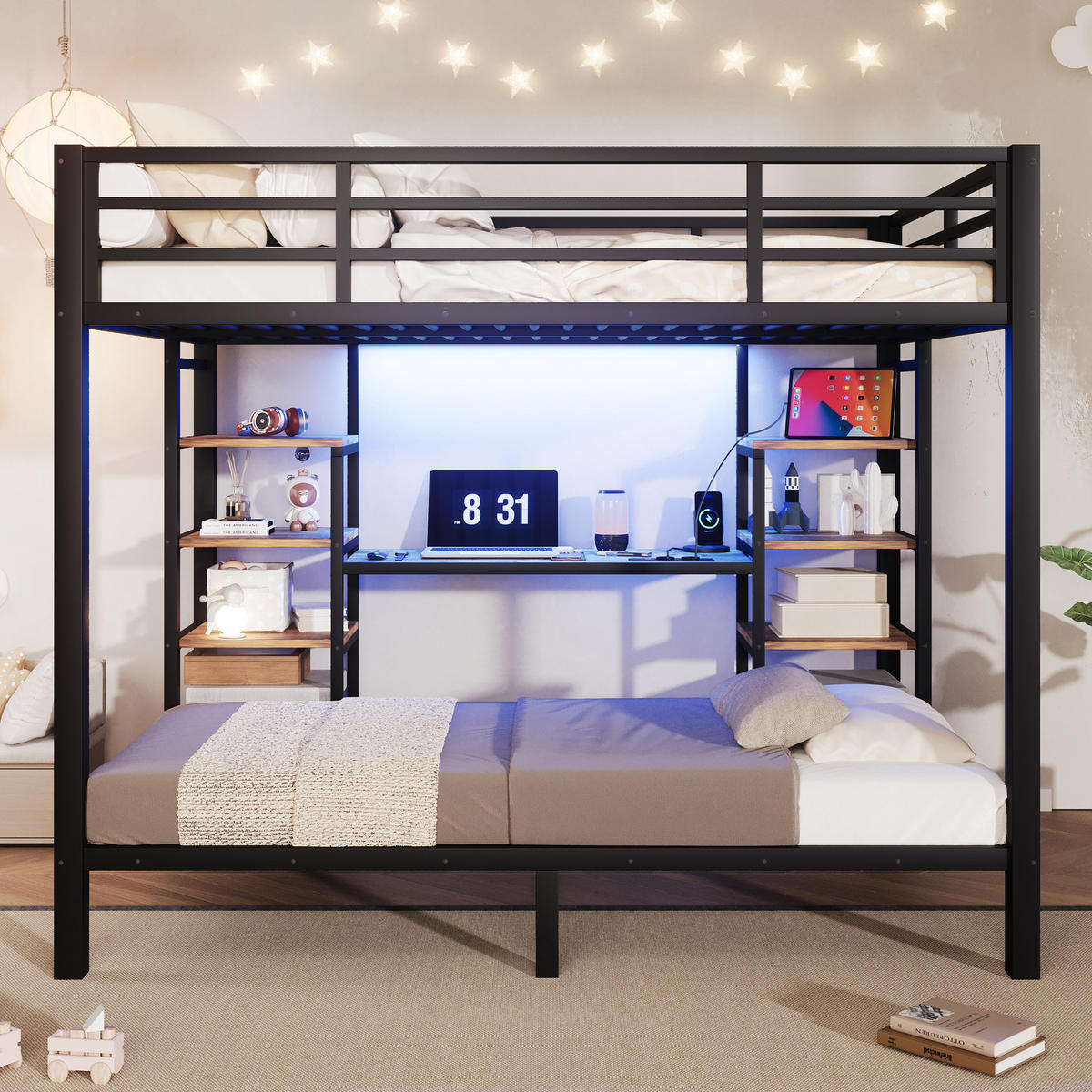 ETAGENBETT 90/140/200 cm mit Staufächern und LED, DE-42025, in Schwarz - Schwarz, Metall (90/200cm) - ComfortXL
