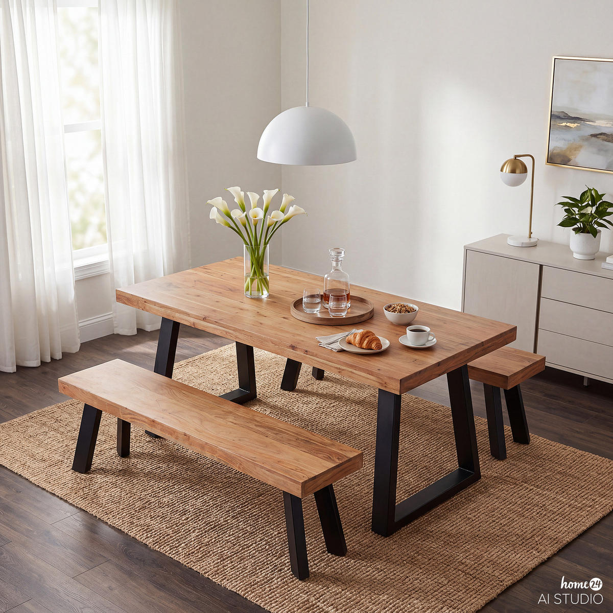 SITZBANK - Akazie massiv / Eisen - Akaziefarben, Holz/Metall (178/45/38cm) - home24
