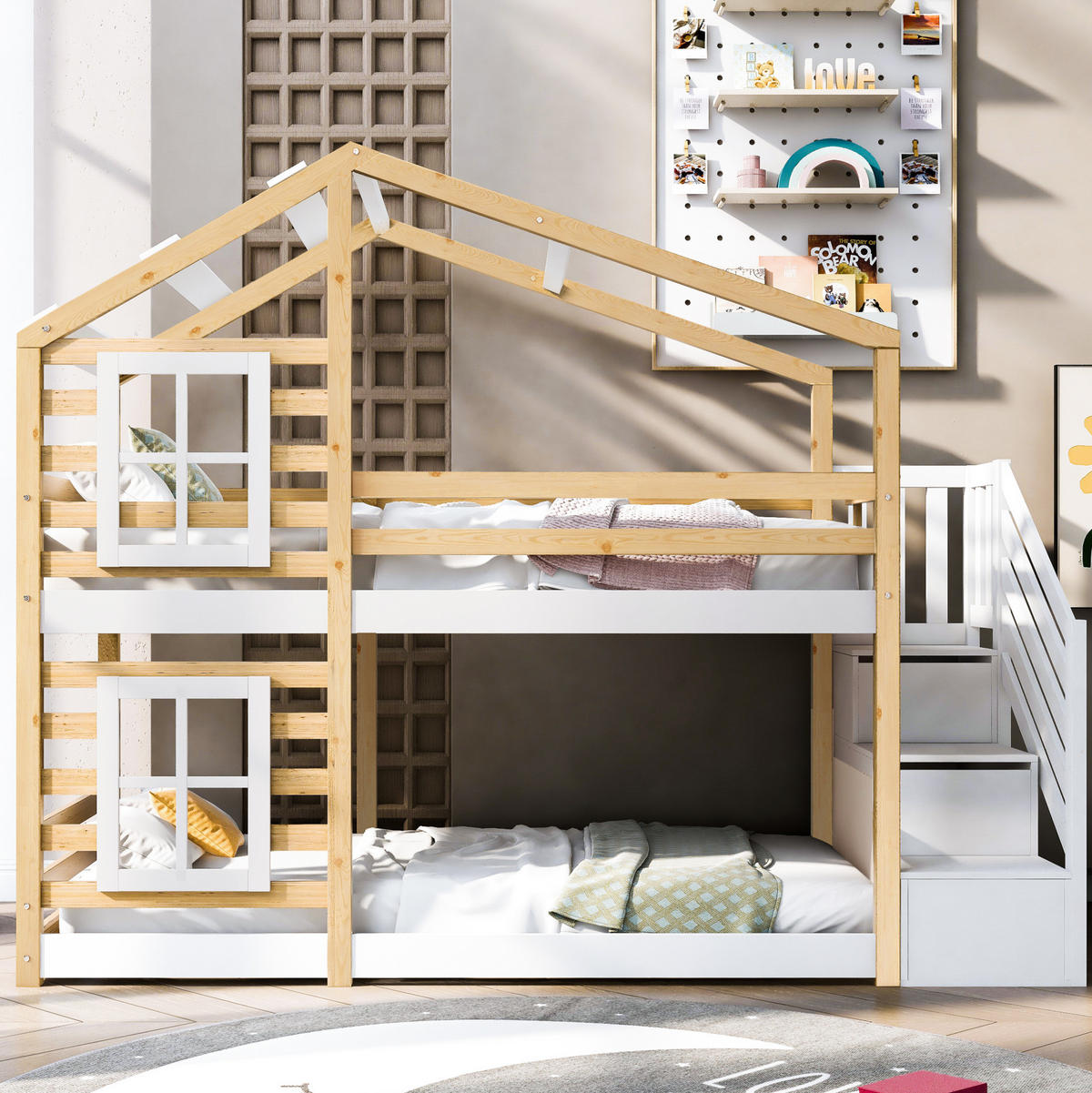 ETAGENBETT Baumhaus 90/200 cm mit Stauraum, Rausfallschutz und Treppenschrank - Naturfarben, Holzwerkstoff (90/200cm) - BEAOK