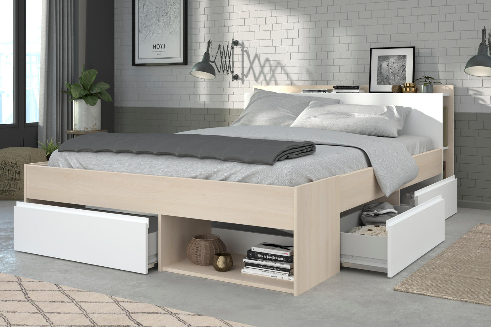 Thumbnail - Parisot Meuble Bett, Eiche, Weiß, Holzwerkstoff, Nachbildung,Esche, 2 Fächer, 3 Schubladen, Rechteckig, 140x200 cm, Schl...