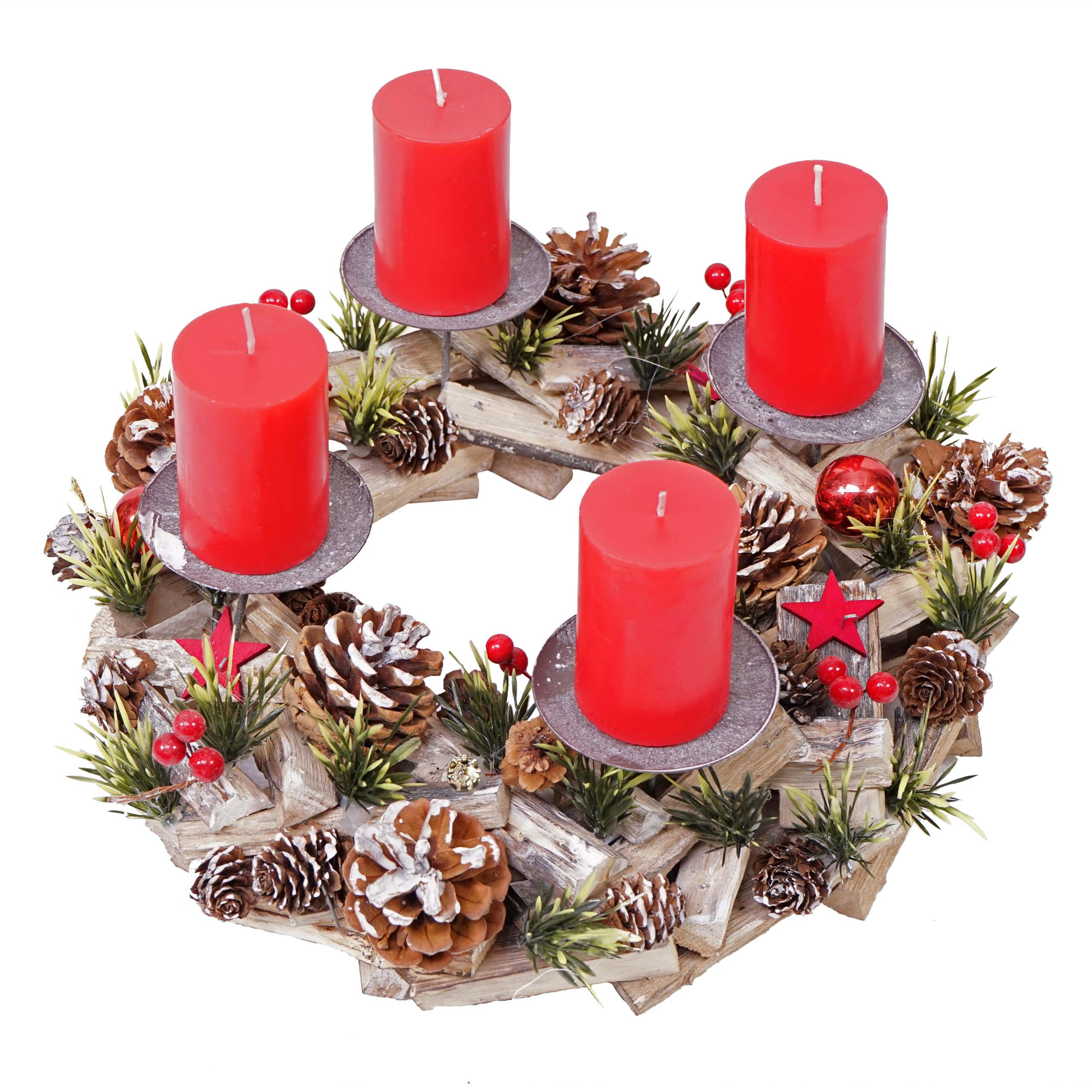 MCW ADVENTNÍ VĚNEC ZE DŘEVA SE SVÍČKAMI ČERVENÝ Šedá, vícebarevná, červená