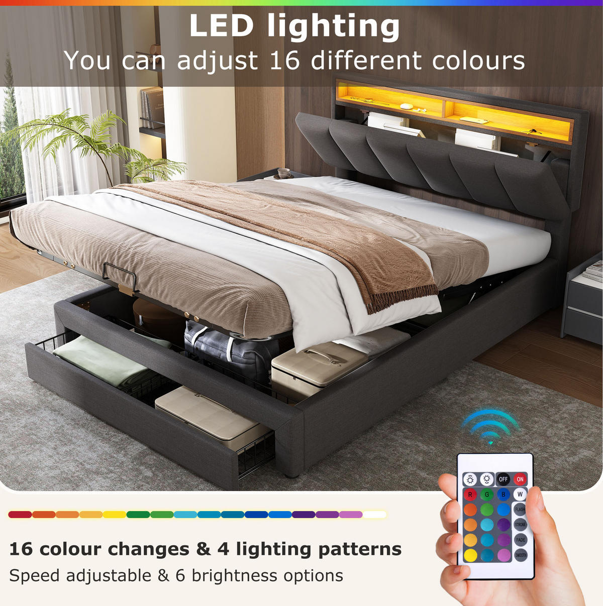 POLSTERBETT 140/200 cm grau aus Leinen mit LED-Beleuchtung - Grau, Textil (140/200cm) - OKMYHOME