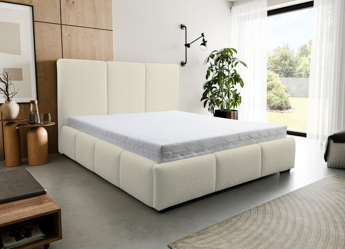 POLSTERBETT Basti mit Kopfteil, 160 x 200 cm, mit Bettkasten und Lattenrost aus Metall, Bouclé-Stoff, Frabe: Beige - Beige, Holz/Kunststoff (160/200cm) - VENASI MÖBEL