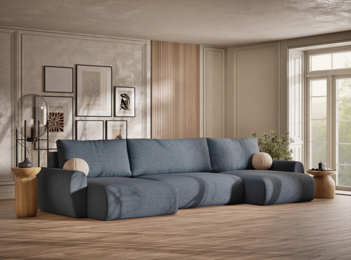 WOHNLANDSCHAFT MIT SCHLAFFUNKTION Numba Blau Grau Webstoff - Blaugrau/Schwarz, Holz/Holzwerkstoff (397/70/153cm) - Maison de Reve