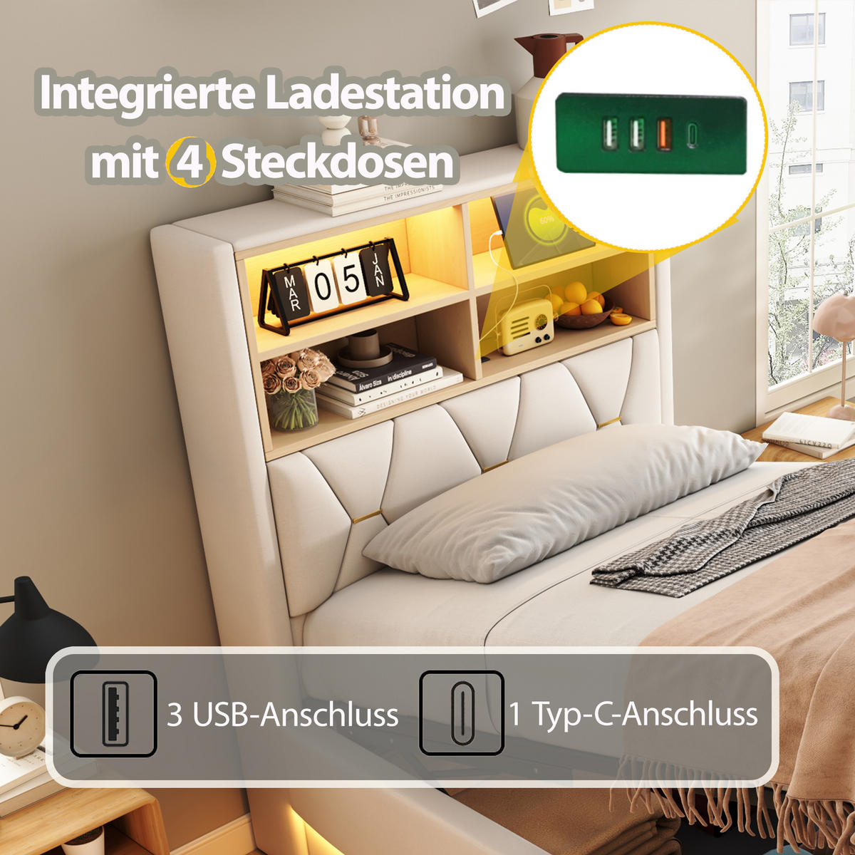 POLSTERBETT aus Leinen und Metall 90x200 cm in Beige mit LED & USB & Stauraum - Beige, Textil (90/200cm) - Modfu