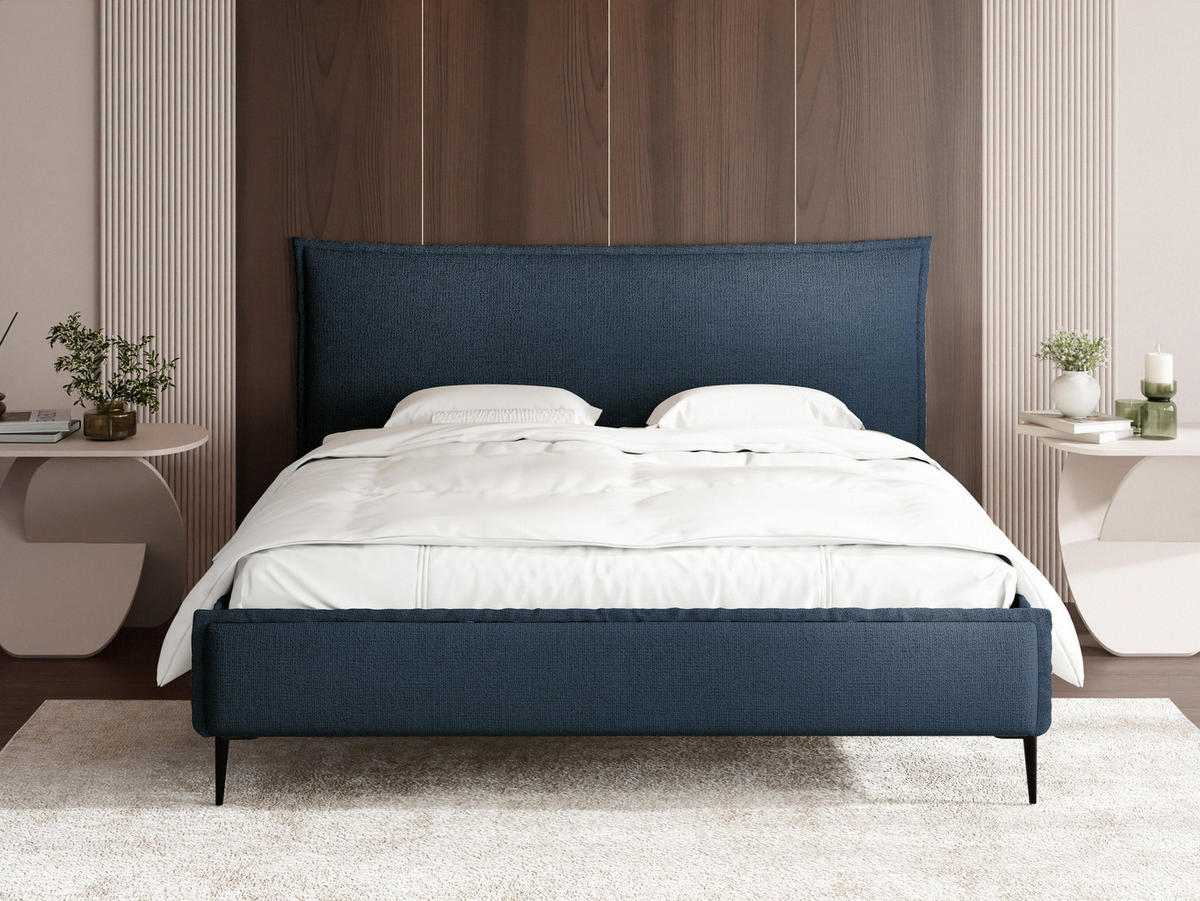POLSTERBETT Pillow Rise mit Bettkasten, Lattenrost & hohen Metallfüßen in Dunkelblau Chenille 120x200 cm - Blau/Birkefarben, Holz/Holzwerkstoff (120/200cm) - WFL GROUP