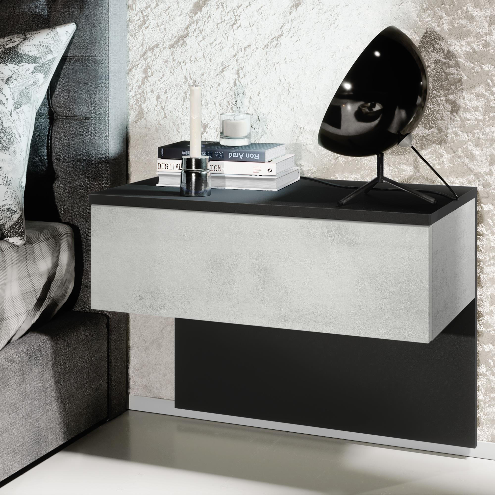 NACHTTISCH Sleep Fronten in Beton Oxid Optik - Hellgrau, Holzwerkstoff (60/46/35cm) - Vladon