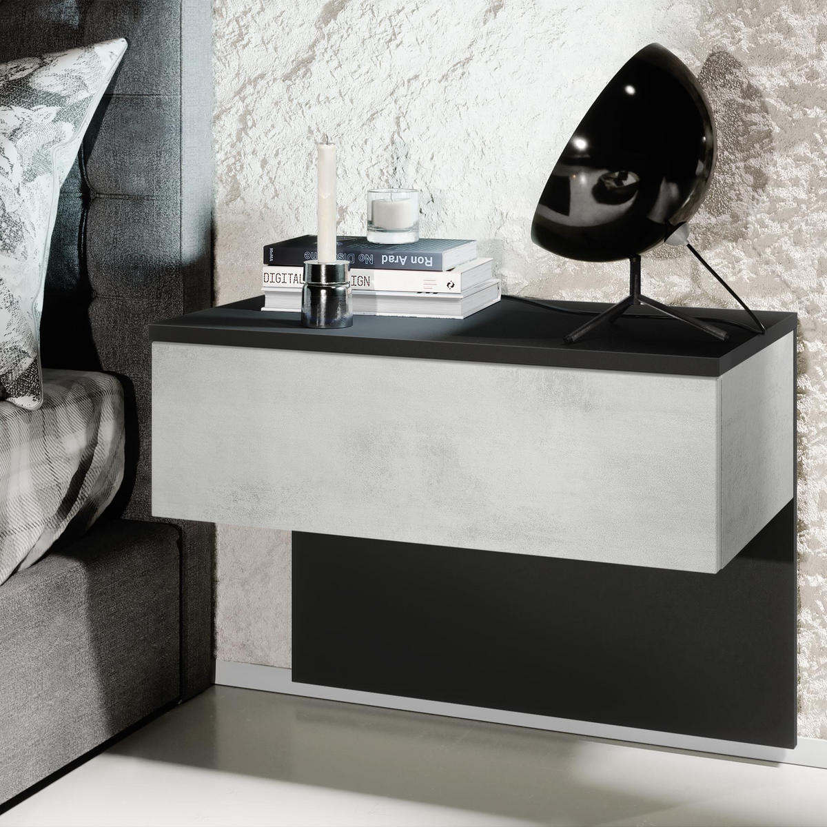 NACHTTISCH Sleep Fronten in Beton Oxid Optik - Hellgrau, Holzwerkstoff (60/46/35cm) - Vladon
