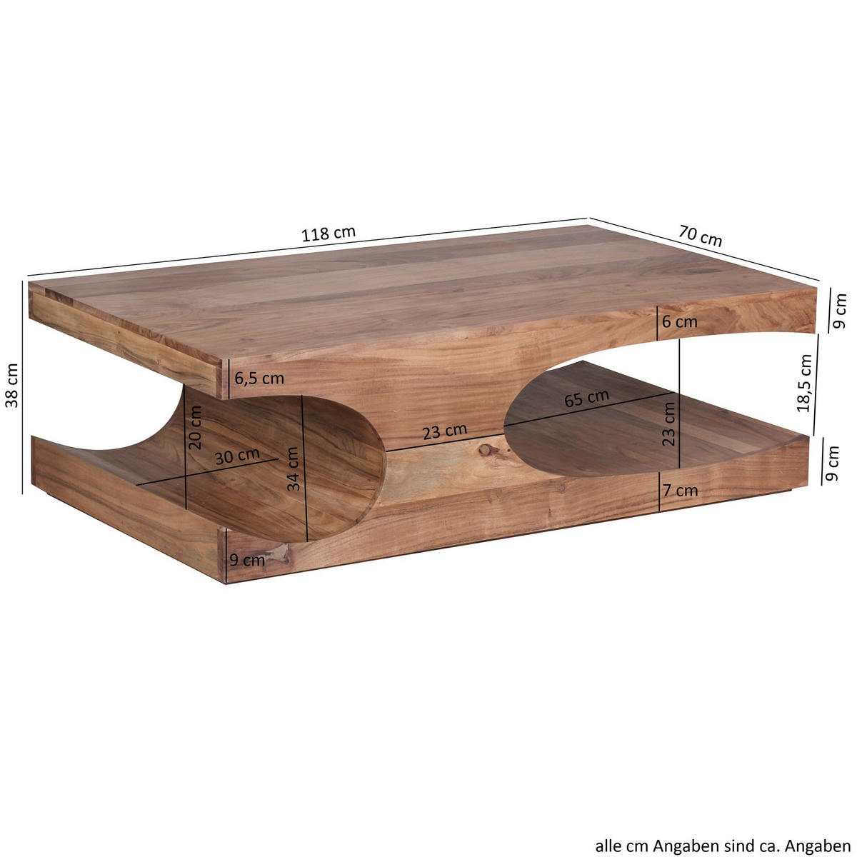 COUCHTISCH BOHA aus Massivholz im Landhausstil mit Designelementen, Akazie 70x118x38 cm - Braun/Akaziefarben, Holz (118/70/38cm) - KADIMA DESIGN