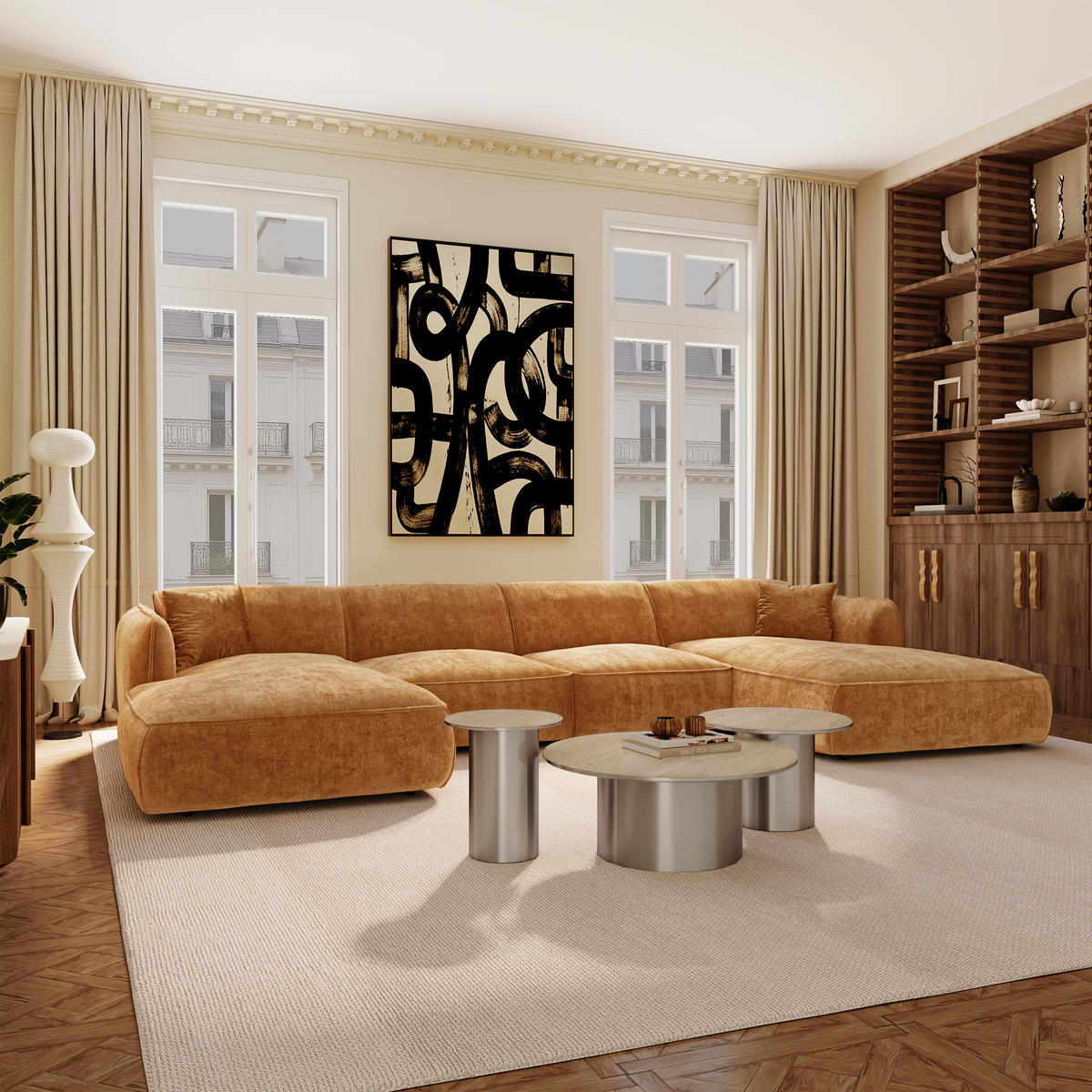 PANORAMA-SOFA LOMI Geprägter Samt Karamell 346cm - Braun, Textil (346/76/166cm) - Premium Interiors