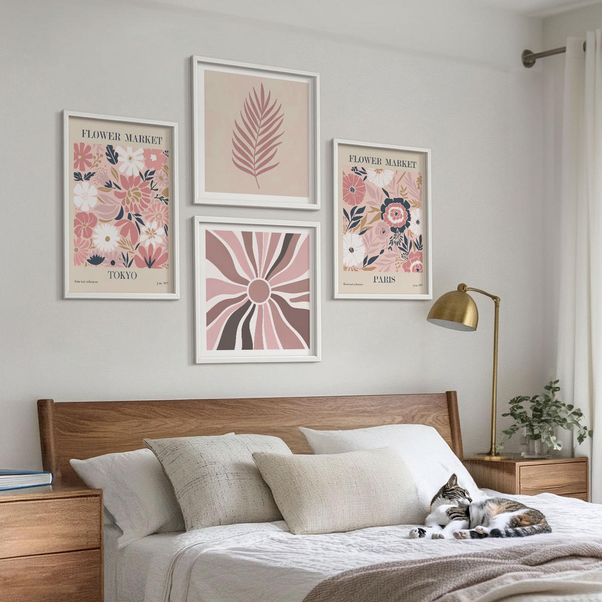 BILDER SET 4er Set - 50x50 cm & 40x60 cm Weißer Rahmen - Blumenmuster, Blätter, Geometrie - Weiß, Kunststoff (50/50cm) - TULUP