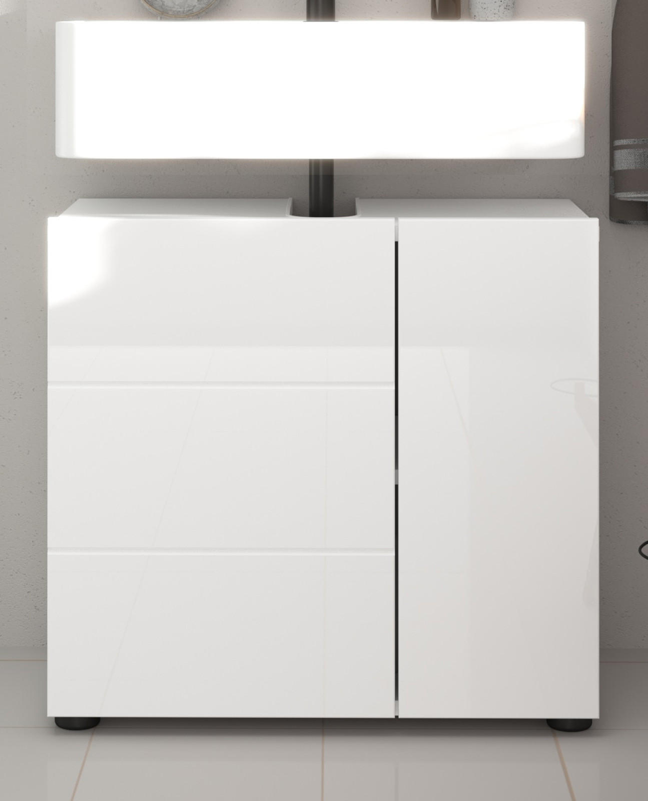 WASCHBECKENUNTERSCHRANK weiß Hochglanz 60 cm, Unterschrank 2-türig - Weiß Hochglanz/Schwarz, Holzwerkstoff/Kunststoff (60/56/34cm) - Inn.Furn