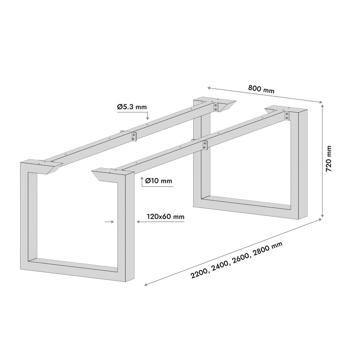 TISCHBEINE Eta Epox Extreme Metall Schwarz 280/80/72 cm - Schwarz, Metall (80/72/280cm) - Metalo Pro