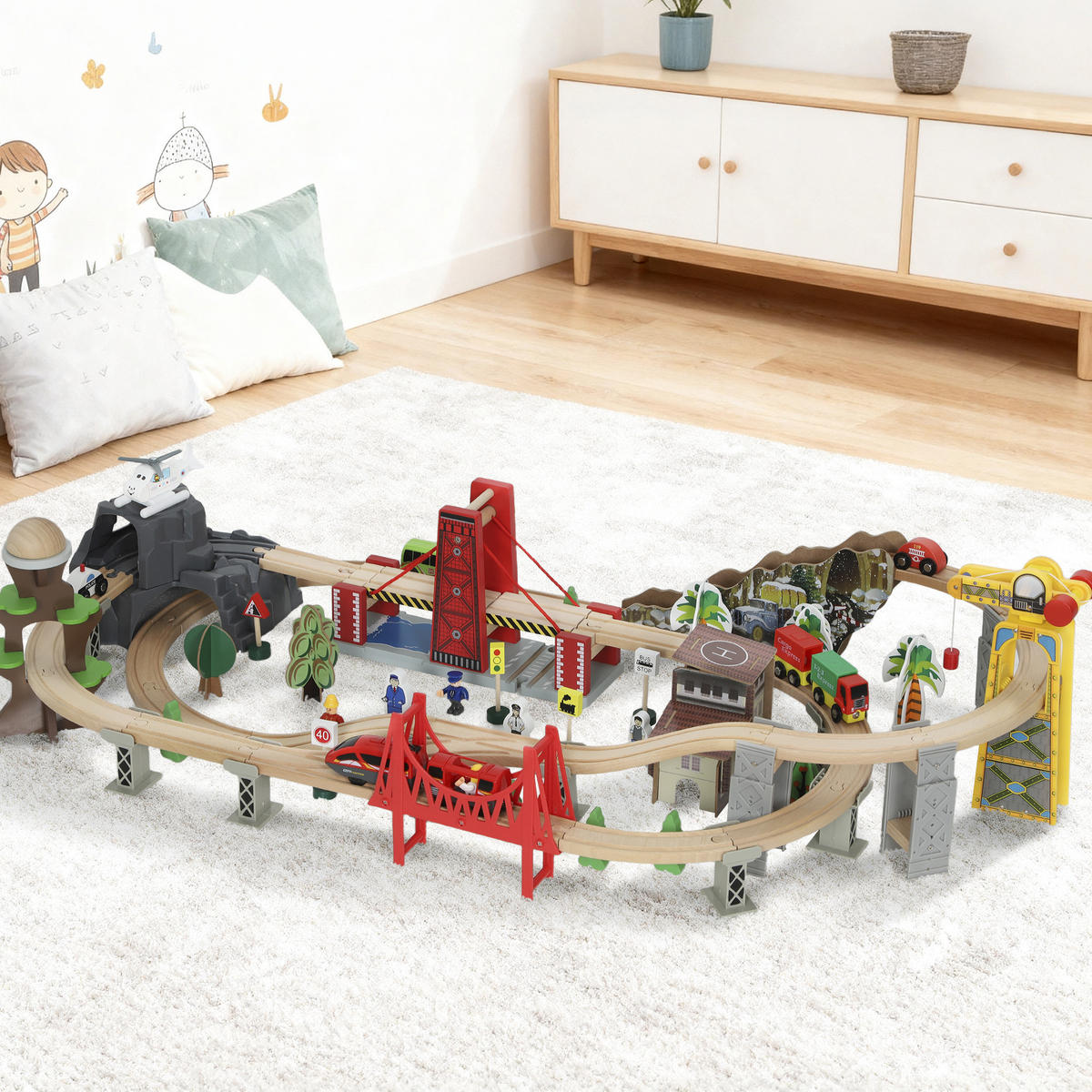 100 Stücke Holzeisenbahn-Set Buchenholz Kunststoff Naturholz - Multicolor, Holz (60/27.5/118cm) - AIYAPLAY