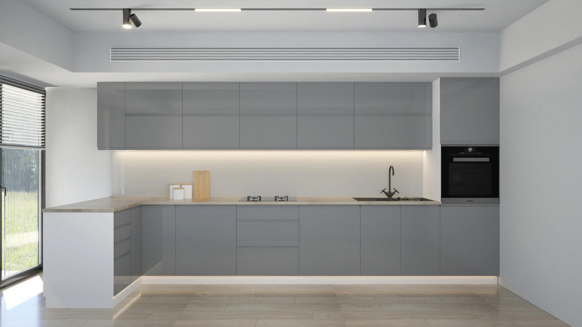 L-KÜCHE mit Insel Velmora Grau Hochglanz – 410 × 130 cm + Insel 180 cm – KÜ-AS-020 – Grau - Grau, Holzwerkstoff (410/212/58cm) - ROYAL24_MARKT