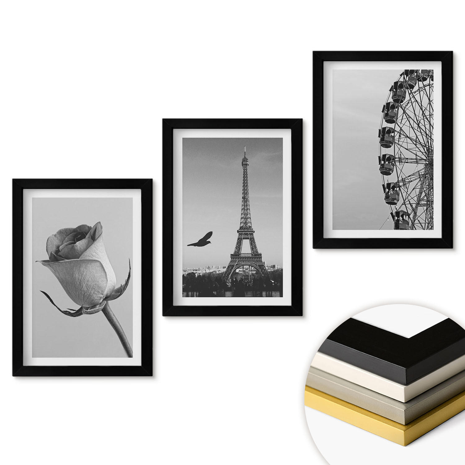 WANDBILDER 3er-Set - 20x30 cm Schwarzer Rahmen - Rose Eiffelturm Riesenrad - Schwarz, Kunststoff (20/30cm) - ArtPrintCave