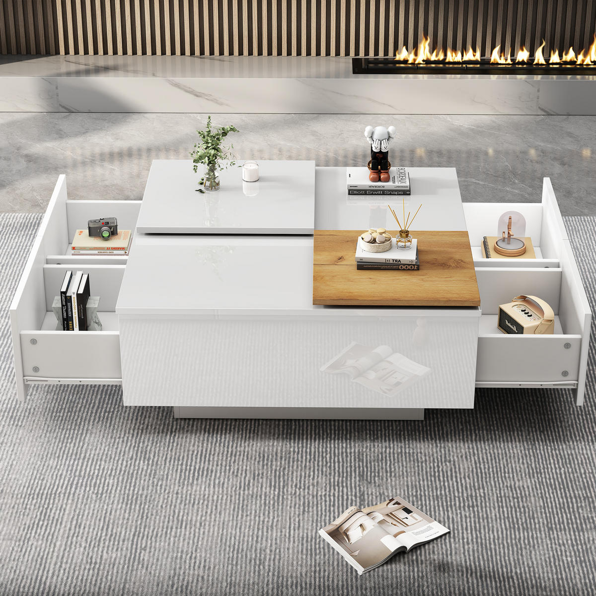 COUCHTISCH, weißer Hochglanz-Couchtisch aus Spanplatte mit verschiebbaren Ablageplatten, belastbar 30 kg, 75/75/33,5 cm,weiß - Weiß, Holzwerkstoff (75/75/33.5cm) - Redom