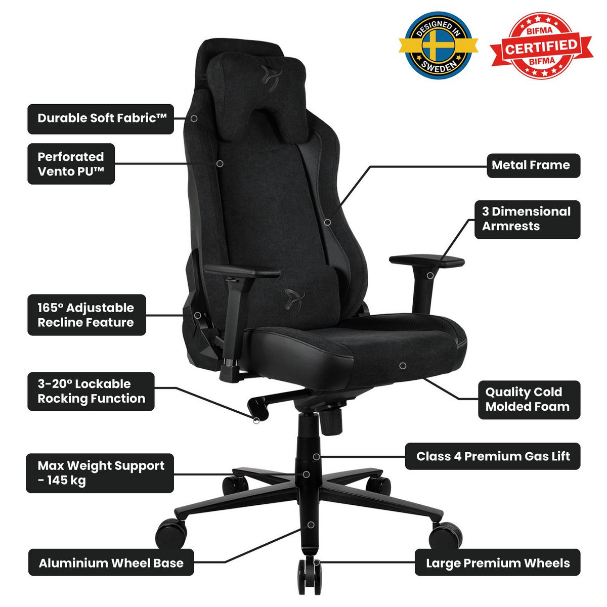 GAMINGSTUHL Vernazza Vento™ Reines Schwarz - Schwarz, Kunststoff/Textil (68/135/50cm) - Arozzi