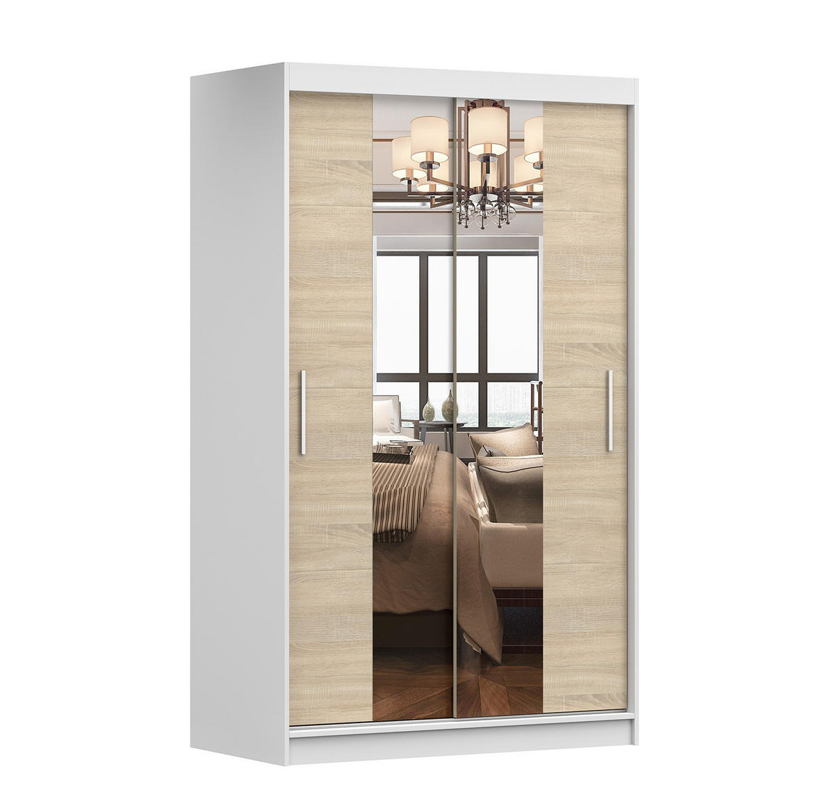 SCHWEBETÜRENSCHRANK Neomi 01 Weiß/Sonoma Eiche mit Spiegel 120 cm - Alufarben/Weiß, Holzwerkstoff/Kunststoff (120/200/61cm)