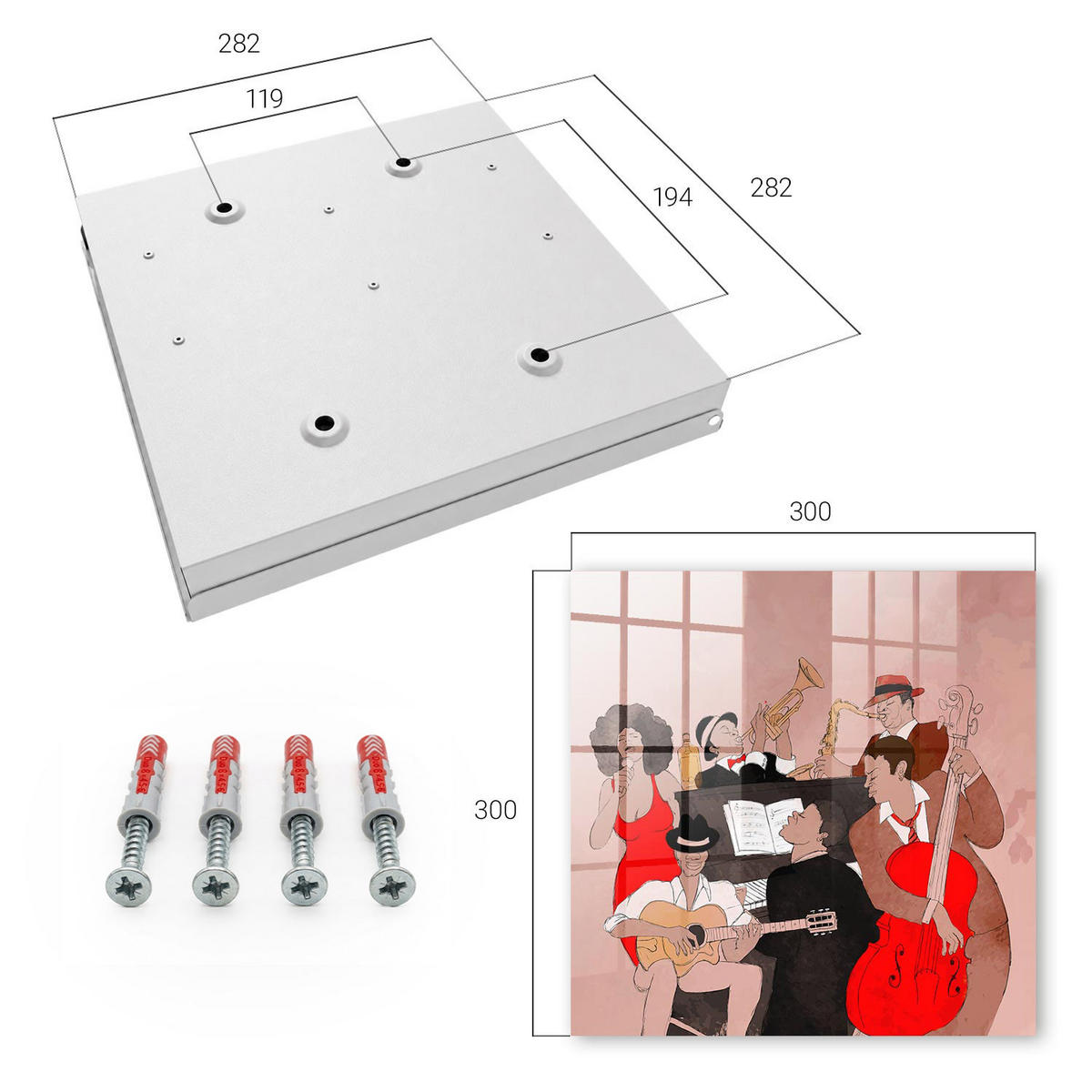 SCHLÜSSELBOX Weiß 30x30 cm – Türöffnung nach rechts - Jazzszene - Rot, Metall (30/30/5cm) - TULUP