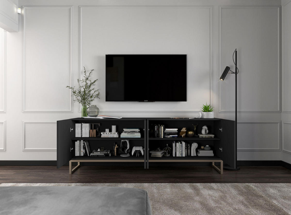 TV-LOWBOARD 2-er Set Elpis2 Schwarz Matt mit Metallrahmen 150 cm - Goldfarben/Schwarz, Holzwerkstoff/Metall (300/51.5/36.5cm) - Meble Lindner