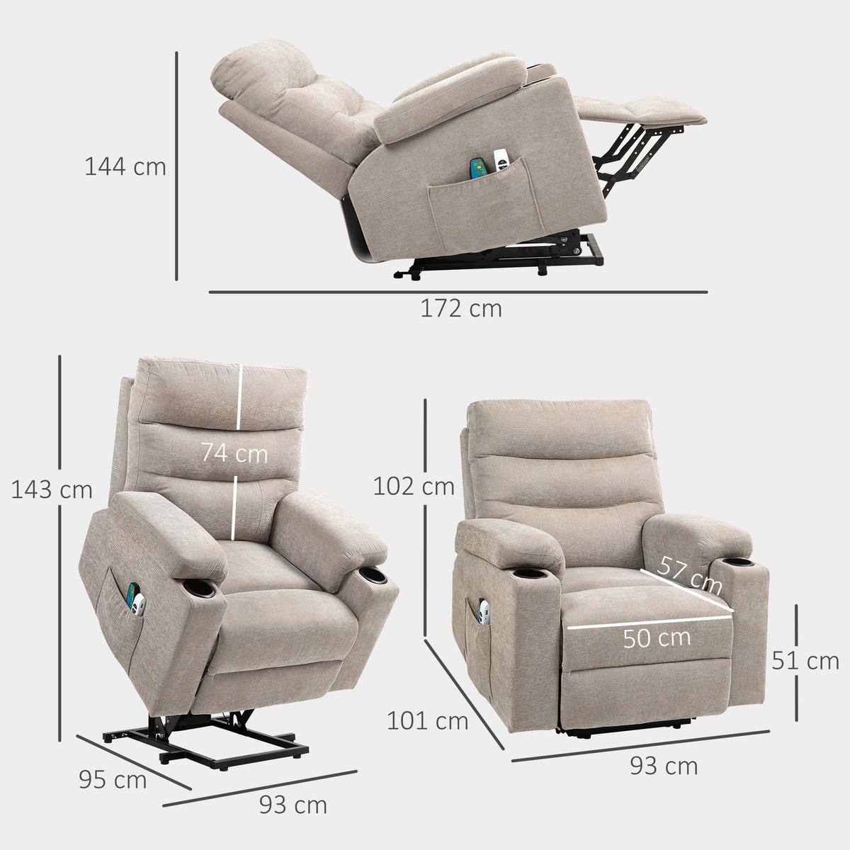 FERNSEHSESSEL mit Aufstehhilfe Elektrisch Relaxsessel mit Vibrationsmassage - Braun, Kunststoff (93/102/101cm) - HOMCOM