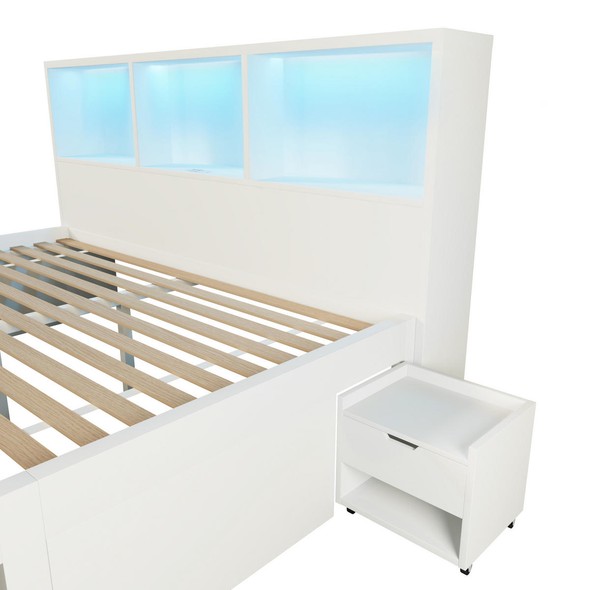 DREVENÁ posteľ 140x190 cm biela s úložným priestorom, LED osvetlením, USB-C a pohyblivým nočným stolíkom - biela, kompozitné drevo (140/190cm) - Modfu