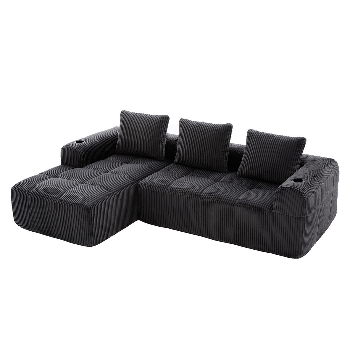 KOMPAKTSOFA Cord mit Modulsystem und Becherhalter 253/158/61 cm Dunkelgrau - Dunkelgrau, Textil (158/253cm) - Redom