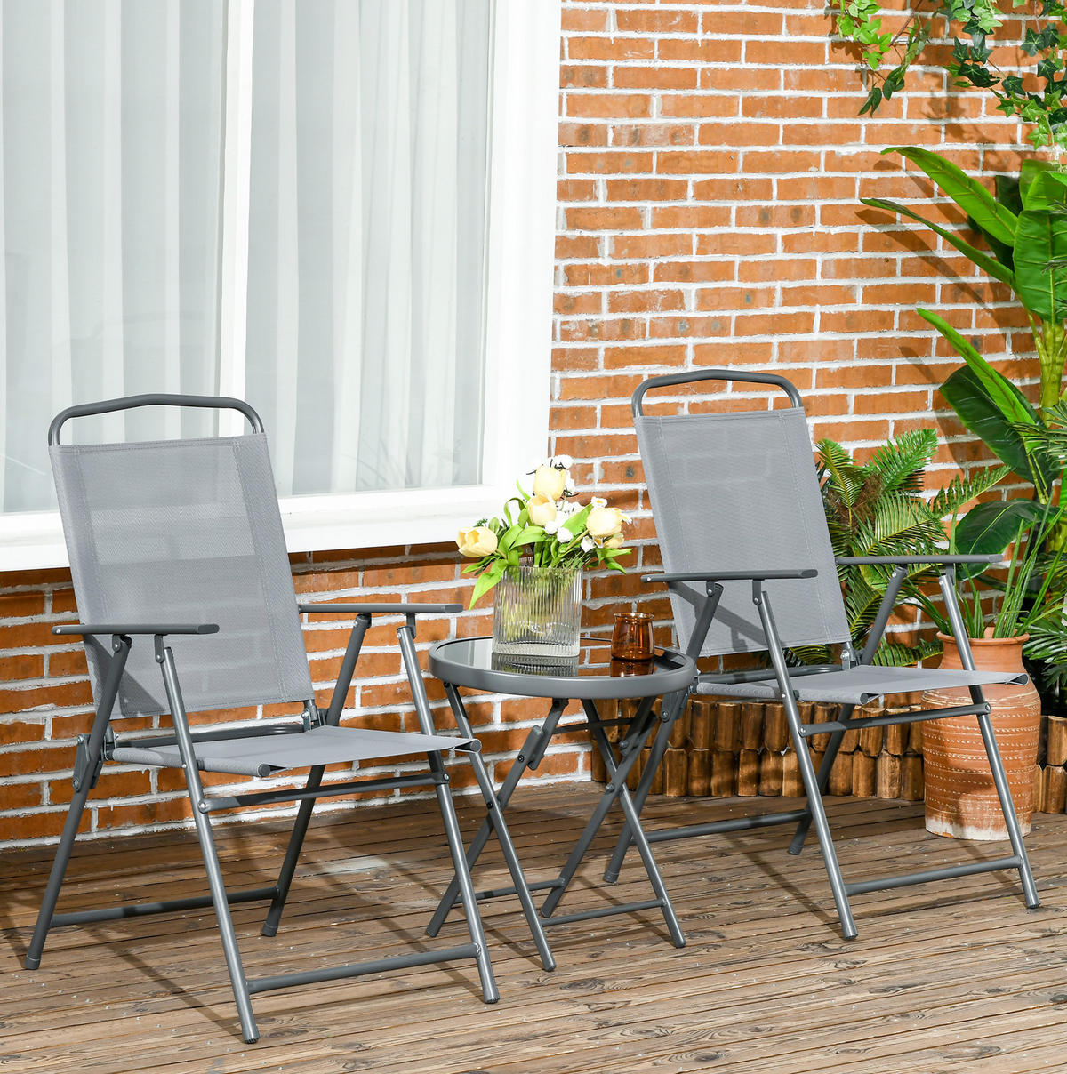 3-TEILIGES Klapp-Gartenmöbel-Set aus Metall & Glas in Hellgrau - Hellgrau, Metall - Modfu