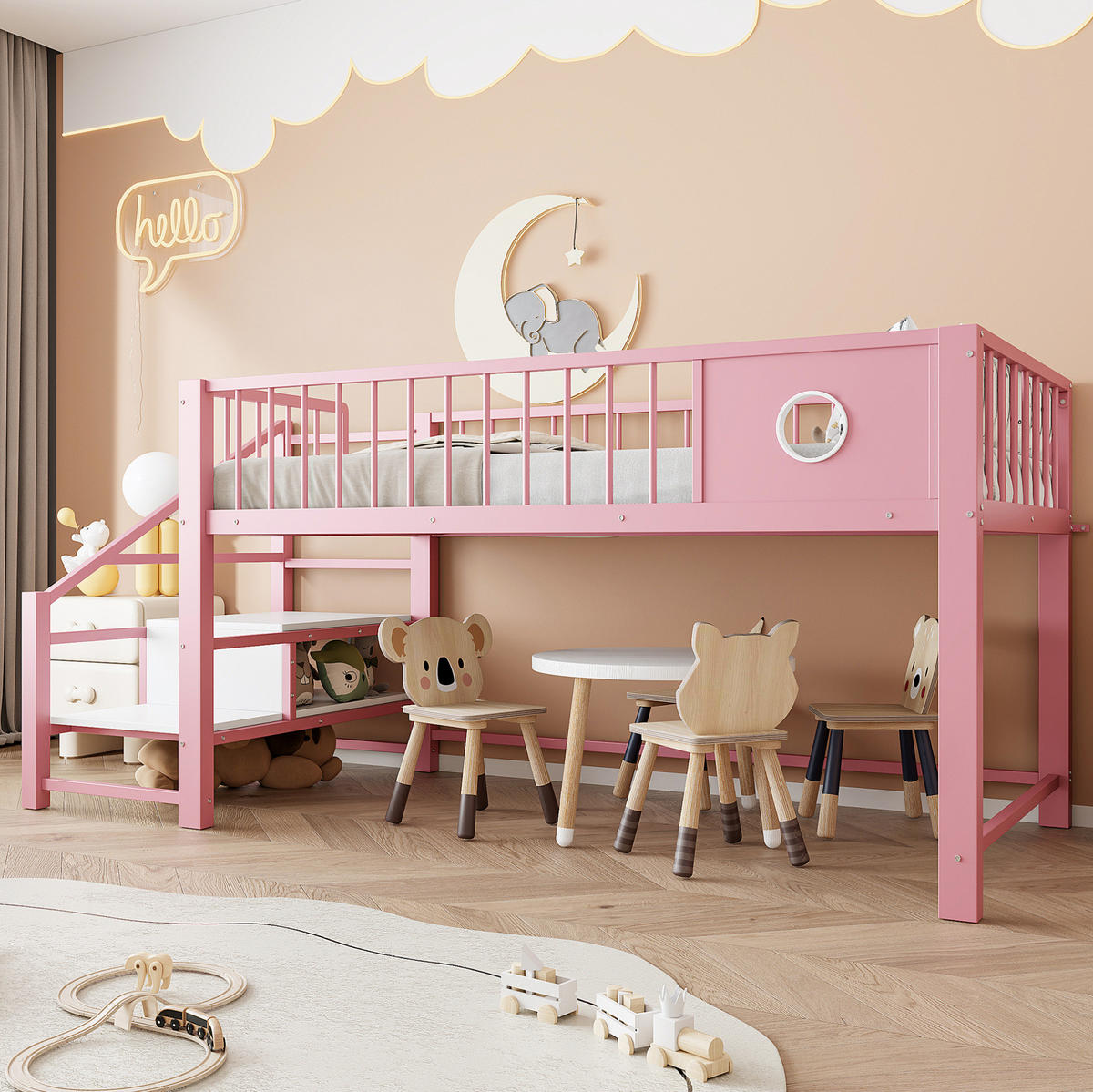 HOCHBETT 90/200 cm aus Metall und MDF mit Stauraumleiter Rosa - Pink, Metall (90/200cm) - Modenvie