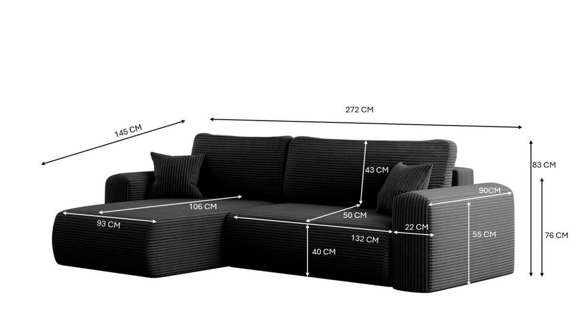 ECKSOFA Mit Schlaffunktion und Stauraum für Bettzeug Capri Stoff Poso Schwarz Links - Schwarz, Holz/Textil (145/272cm) - Kaiser Möbel