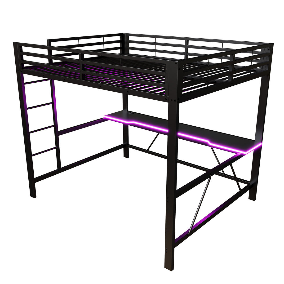 HOCHBETT 160/200 cm in Schwarz mit Schreibtisch, LED und USB Metall - Schwarz, Metall (160/200cm) - CHICFURN
