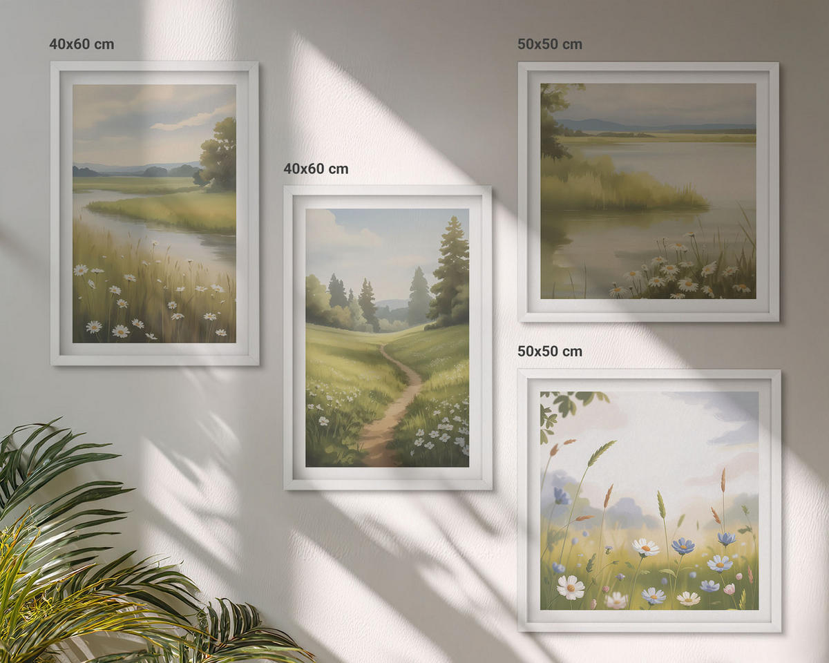 BILDER SET 4er Set - 50x50 cm & 40x60 cm Weißer Rahmen - Frühlingslandschaft Flusswiese - Weiß, Kunststoff (50/50cm) - TULUP