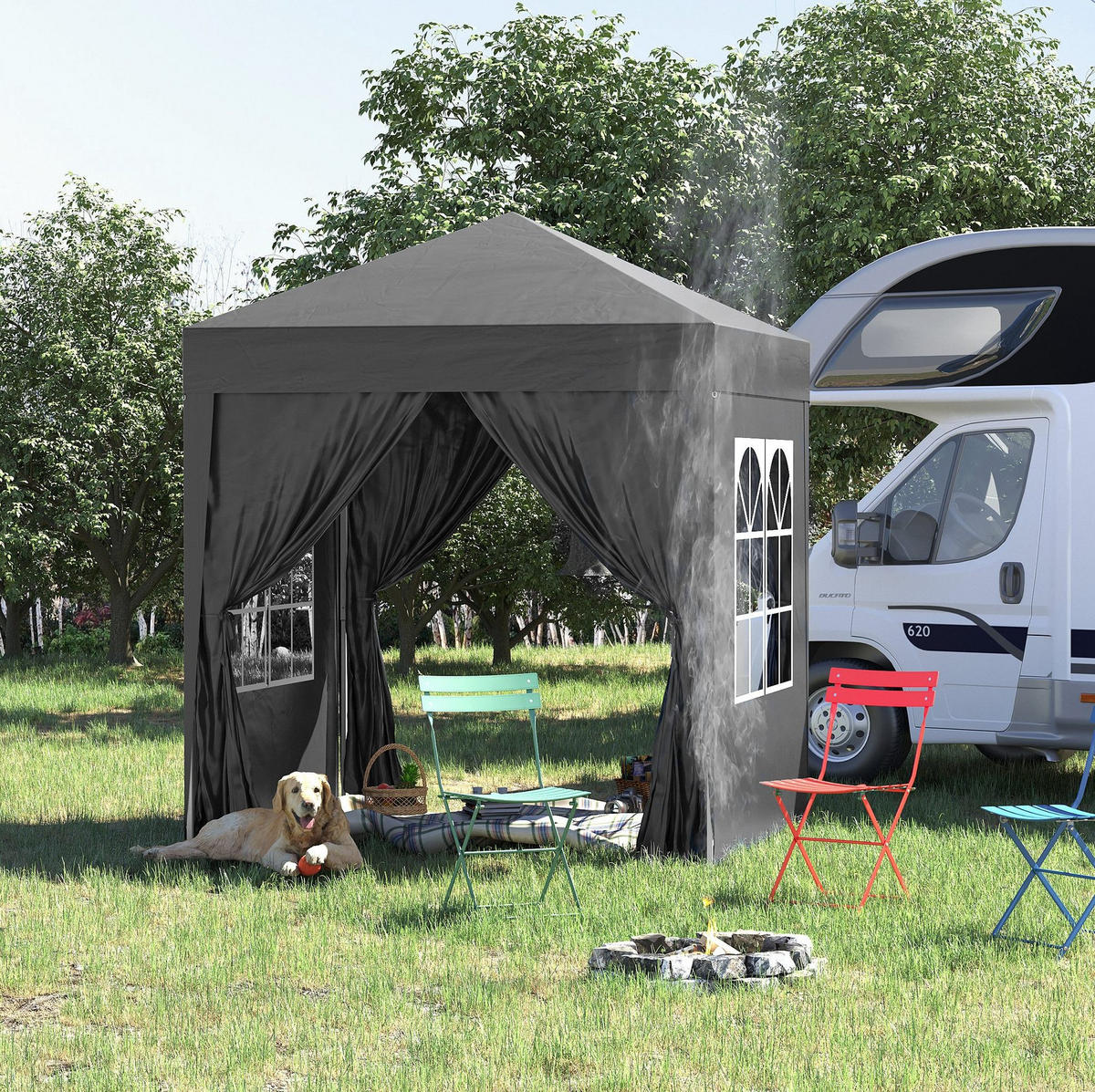 FALTPAVILLON 200/200/240 cm schwarz aus Stahl mit 4 Seitenwänden - Schwarz, Metall (200/240/200cm) - OKWISH