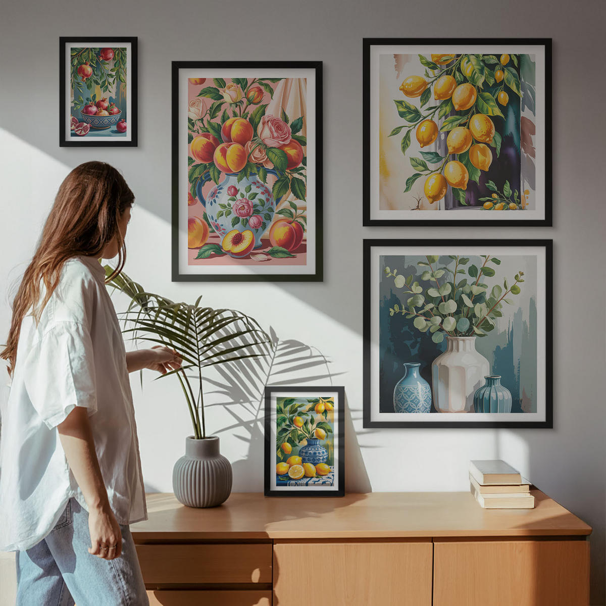 BILDER SET 5er Set - 50x50 cm & 20x30 cm & 40x60 cm Schwarzer Rahmen - Amalfi-Zitronen und -Orangen - Schwarz, Kunststoff (40/60cm) - TULUP