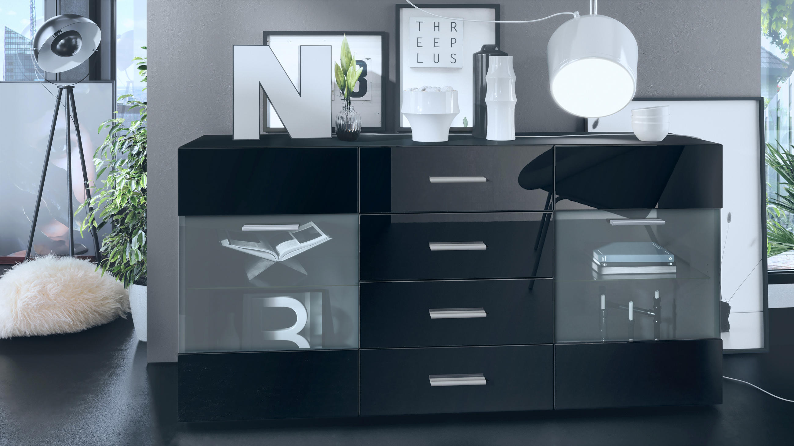 SIDEBOARD Carlos Schwarz Hochglanz - Schwarz Hochglanz, Holzwerkstoff (139/72/35cm) - Vladon