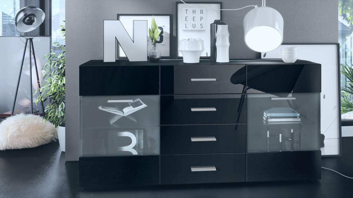 SIDEBOARD Carlos Schwarz Hochglanz - Schwarz Hochglanz, Holzwerkstoff (139/72/35cm) - Vladon