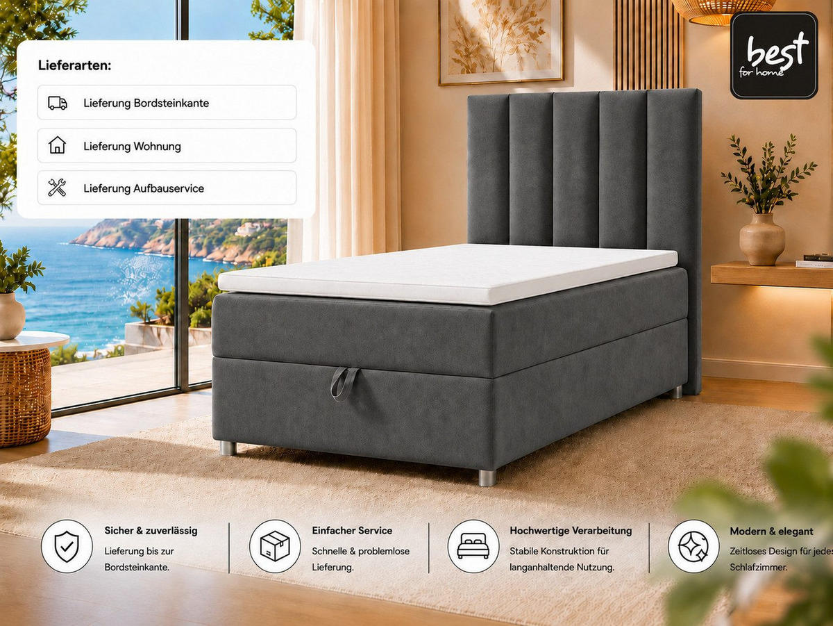 BOXBETT mit Bettkasten Trinity K-10 SINGLE Bonellfederkern inkl. Topper - Graphitfarben, Holz/Holzwerkstoff (100/200cm) - Best For Home
