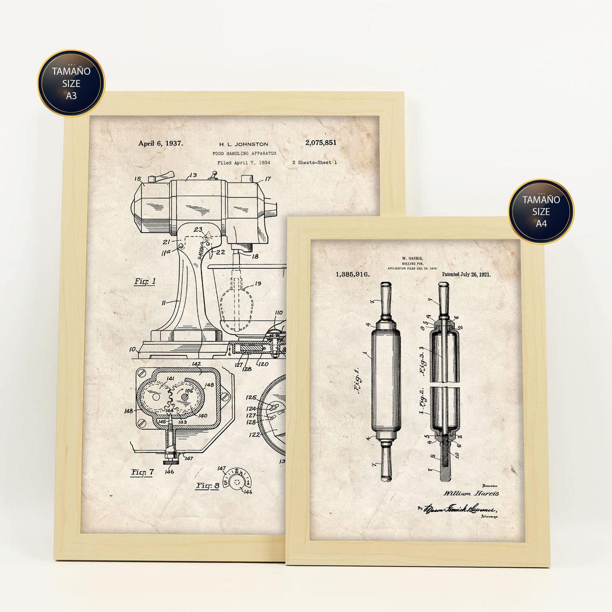 POSTER Set Mit 6 Mit Küchengeräte Patenten Im Vintage Stil A3 & A4 Rahmen Aus Hellem Holz - Beige, Papier (29/3cm) - Nacnic