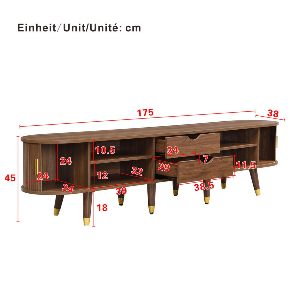 TV-SCHRANK 175cm Landhausstil Rattantür Nussbaumoptik Stauraum Schubladen - Braun, Holz (45.72/17.15/118cm) - FLIEKS