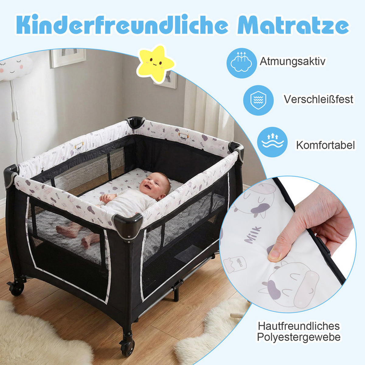 BEISTELLBETT mit Matratze beige - Beige, Textil - COSTWAY